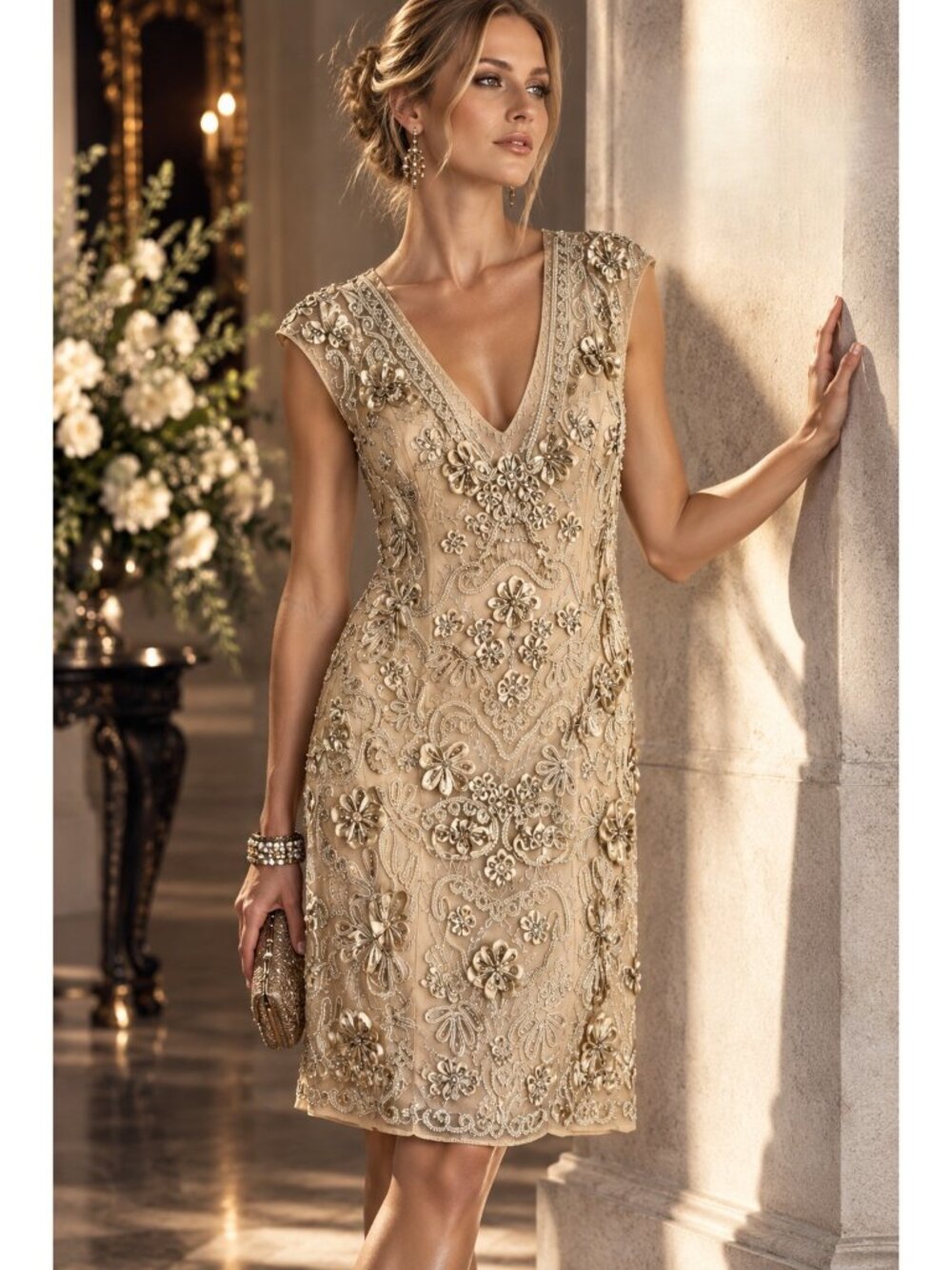 Sue Wong Nocturne Champagne Beaded Soutache Ribbon Cocktail Dress 8 Y2K Evening